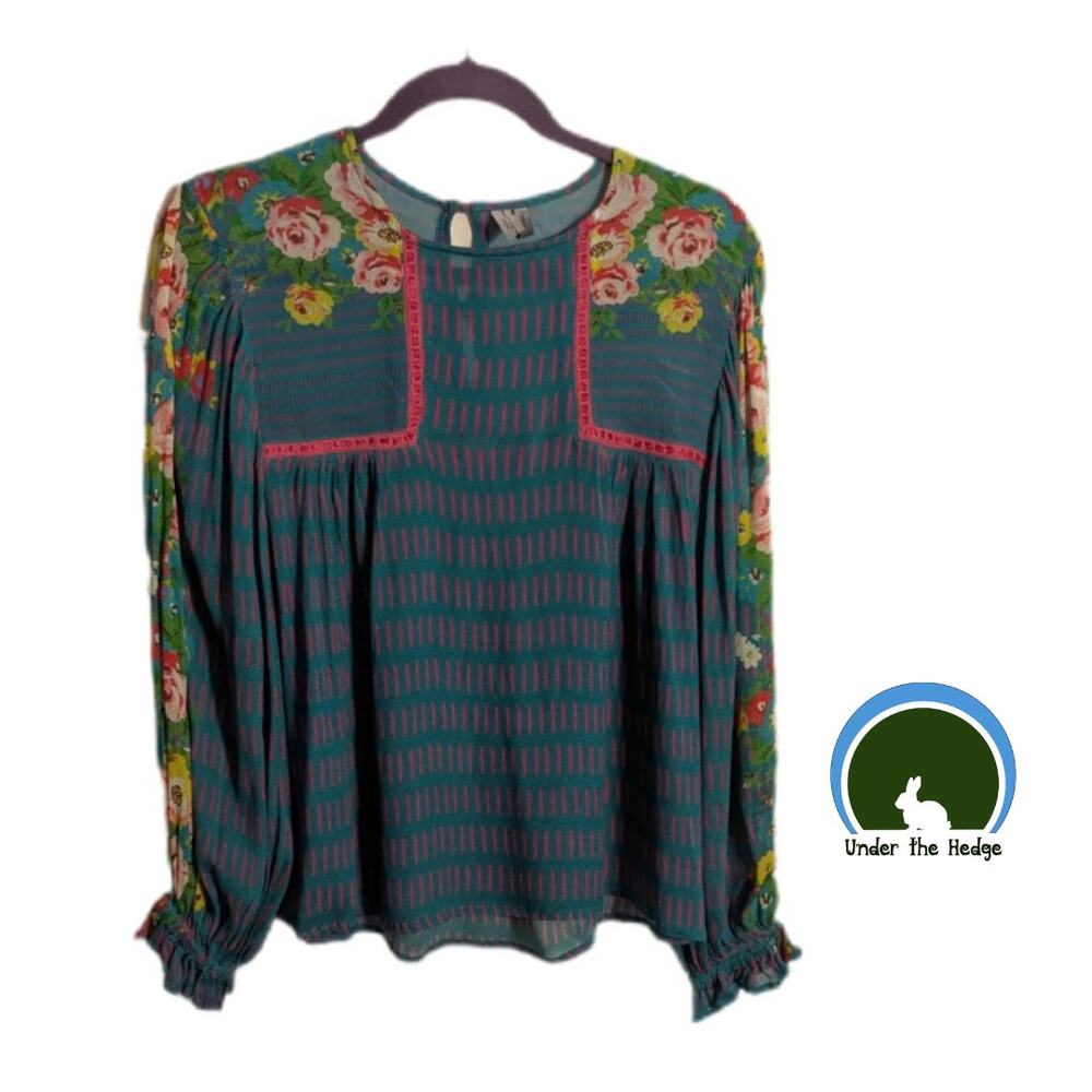 Anthropologie Bl^nk London Teal Miranda Peasant Blouse Size XS Cottage Modern